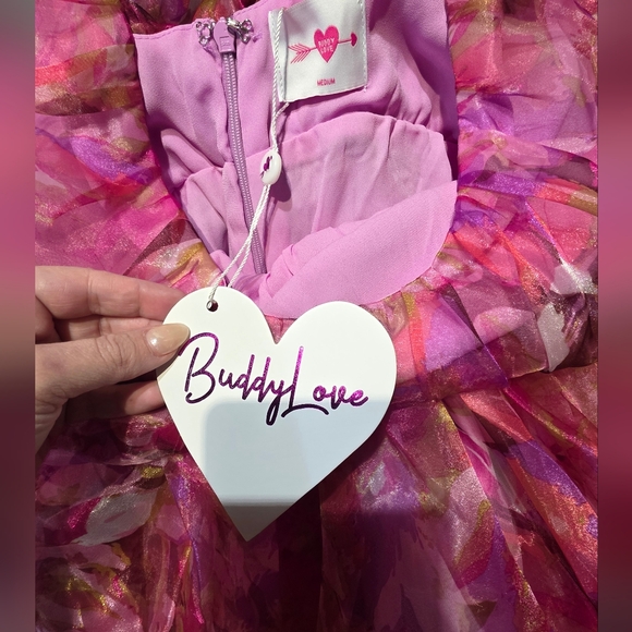 NWT Buddy Love Pink and Purple Floral Dainty Elegant Puff Sleeve Dress M PTP 19 - Picture 5 of 6